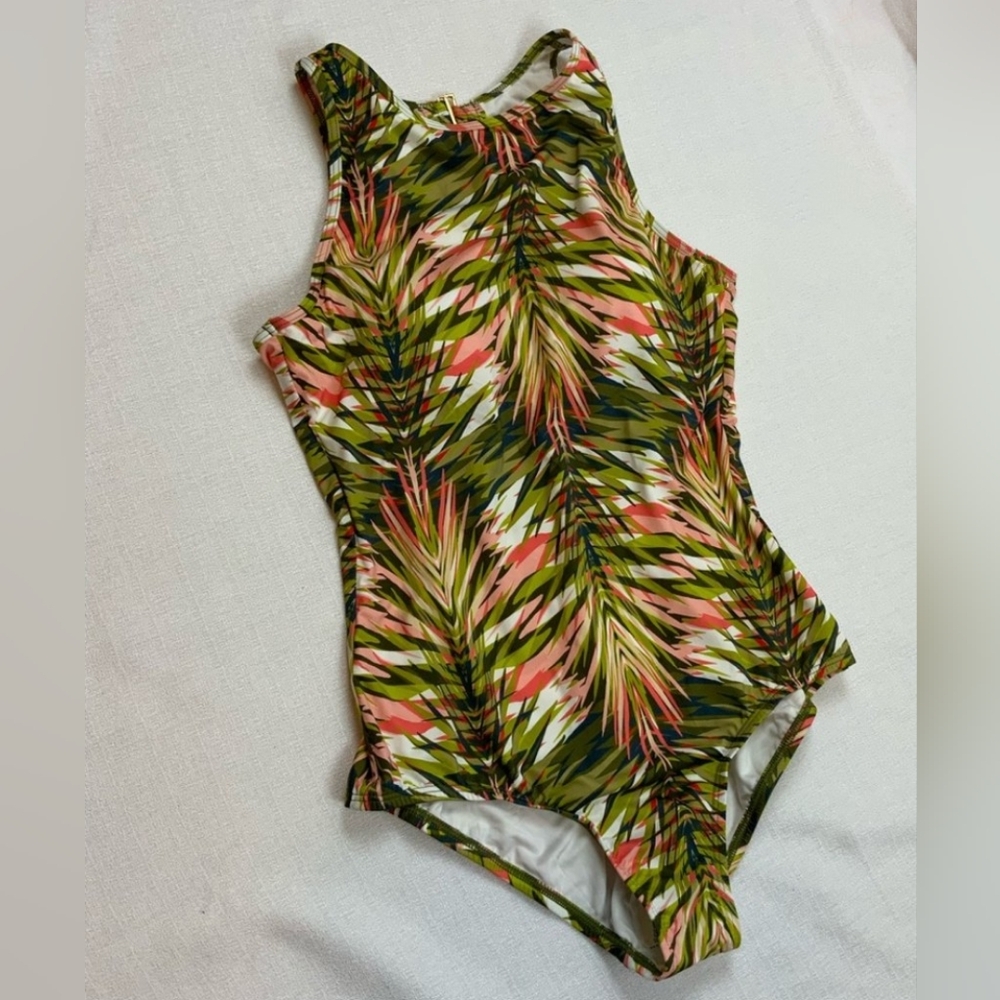 Like New Jantzen One Piece Tropical Fronds size 8 Medium high neck Key Hole Back